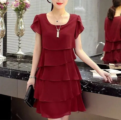 2026 Dress For Women Summer Wave Cut Ruffle Sweet Solid Short Sleeve Slim Dresses Lady Casual All-match Vestido O-Neck Chiffon