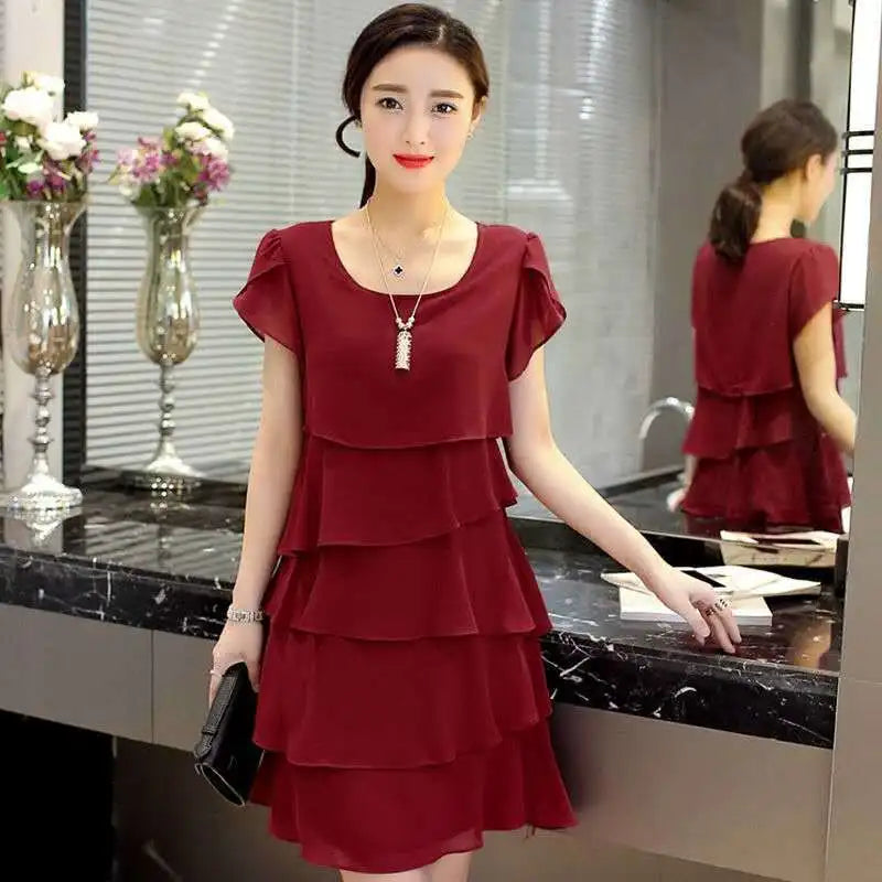 2026 Dress For Women Summer Wave Cut Ruffle Sweet Solid Short Sleeve Slim Dresses Lady Casual All-match Vestido O-Neck Chiffon