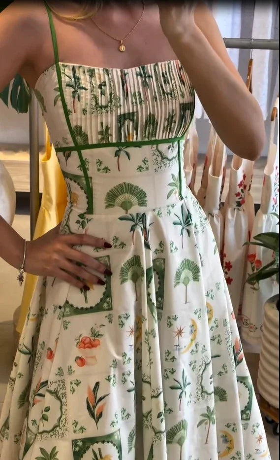 Women Chic Printed Gathered Large Swing Dress Sexy Sleeveless High Waist Slim Fit Sling Dresses 2026 New Lady Party Club Gowns
