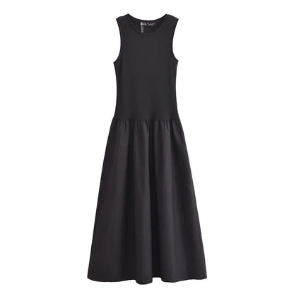 MUJER Black Pleated Long Dresses for Women Knitted Sleeveless Maxi Dress Woman Vintage Party Womens Dresses Spring Casual Dress