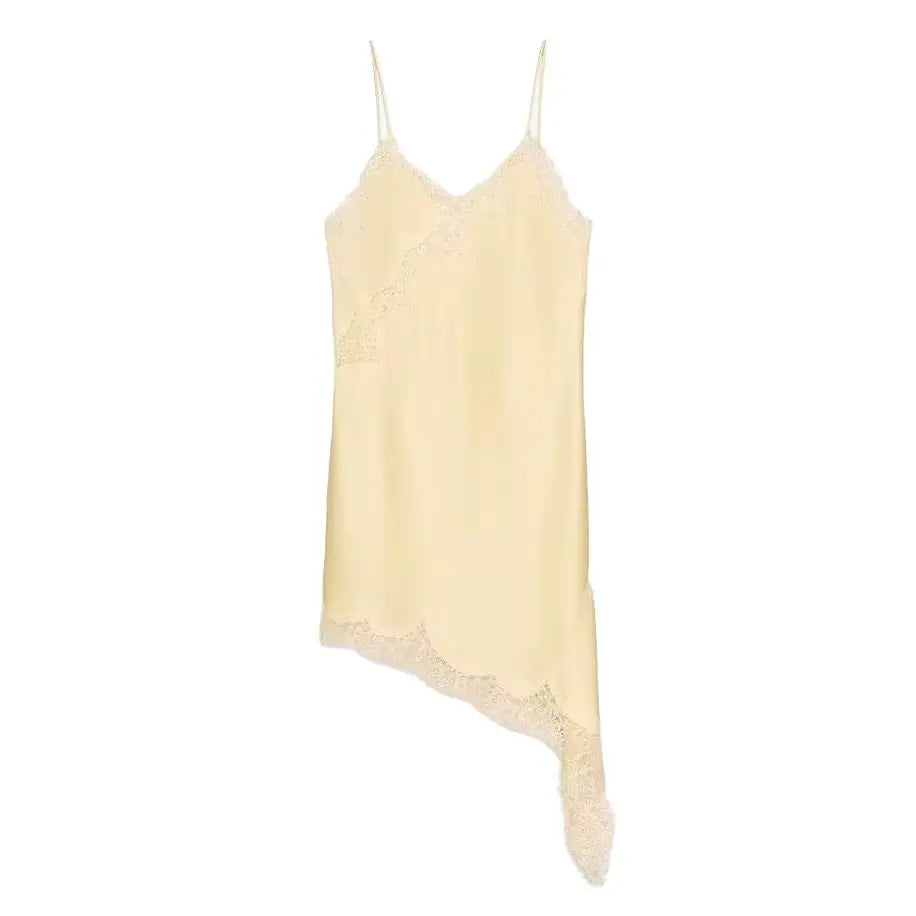 Satin Sexy Lace Spliced Short Sling Dress Women Sleeveless Backless Asymmetric Sexy Party Dresses 2026 Summer Lady Dress ﻿