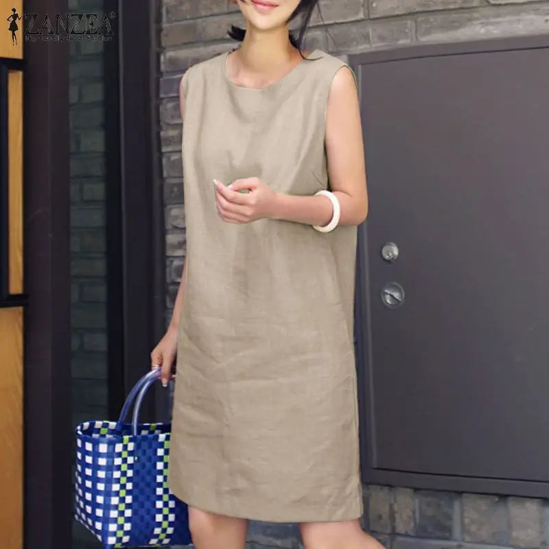 2024 Summer Dress ZANZEA Fashion Sleeveless Beach Vestidos Office Work Sundress Women Elegant Solid Color Dresses Robe Femme