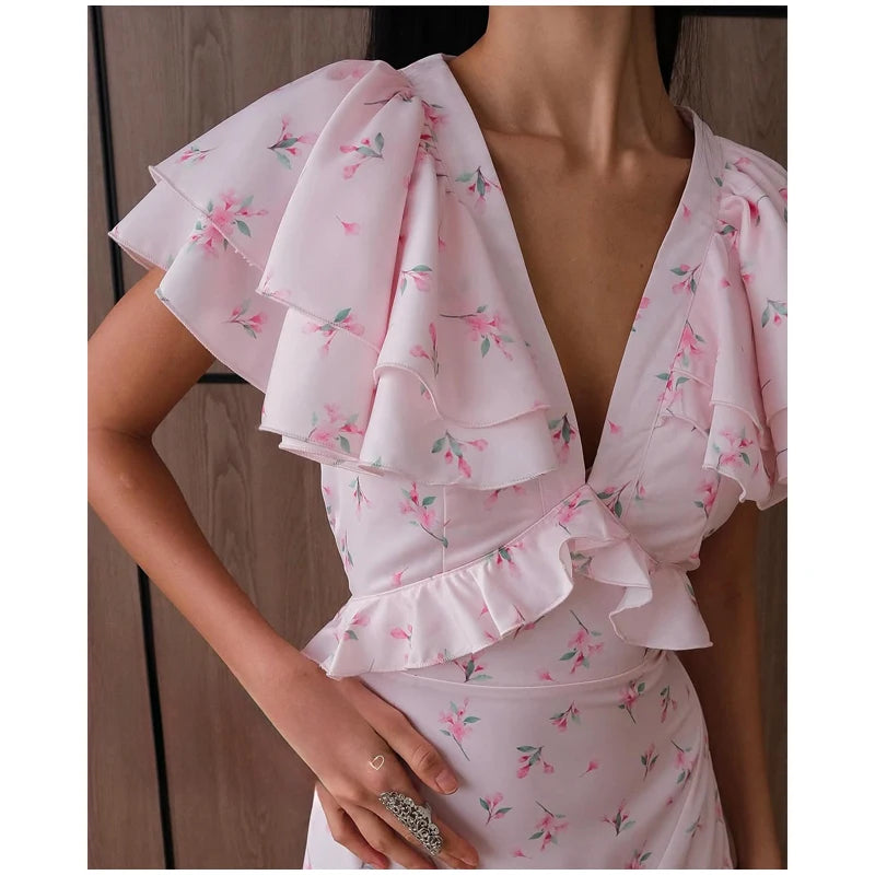 Floral Print V-neck Cinched Waist Dress Women Chic Layered Ruffle Hem Short Sleeved High-waist Dresses 2026 New Street Vestidos
