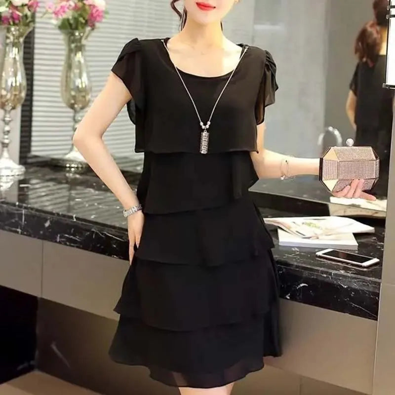 2026 Dress For Women Summer Wave Cut Ruffle Sweet Solid Short Sleeve Slim Dresses Lady Casual All-match Vestido O-Neck Chiffon