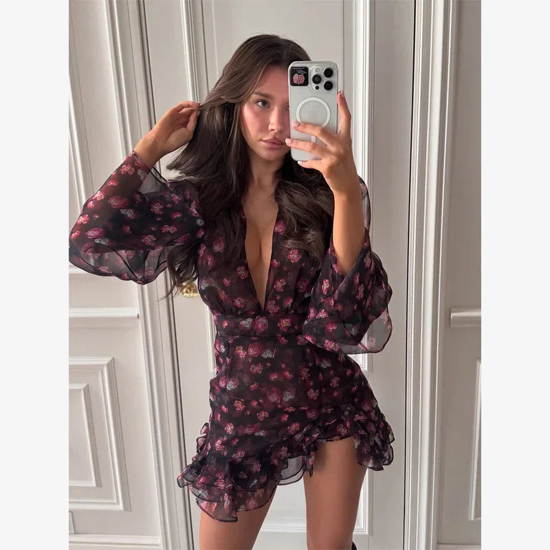 Chic Ruffle Print Slim Fit Dress Women Chic Flared sleeves V-neck Pleated Short Dresses 2026 Lady Summer Casual Daily Vestidos