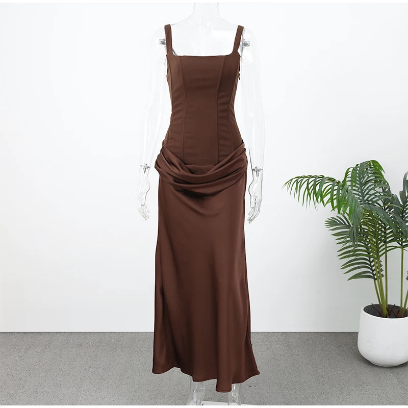 Solid Pleated Sling Dress Square Neck Sleeveless Off-shoulder Waist Cinching Slim Women Dresses Fashion Evening Party Gowns 2025