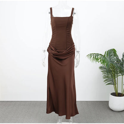 Solid Pleated Sling Dress Square Neck Sleeveless Off-shoulder Waist Cinching Slim Women Dresses Fashion Evening Party Gowns 2025