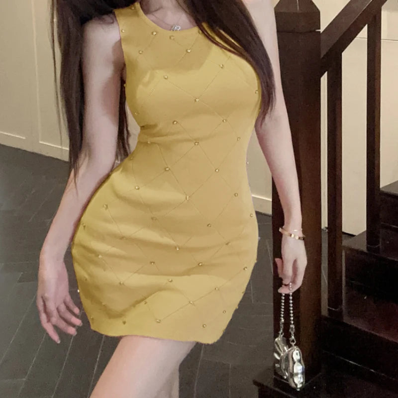 2024 New Summer Women Vintage Ladies Sleeveless Slim Elastic Knit Vest Dress Knitted Elegant Sexy Bodycon Mini Dresses