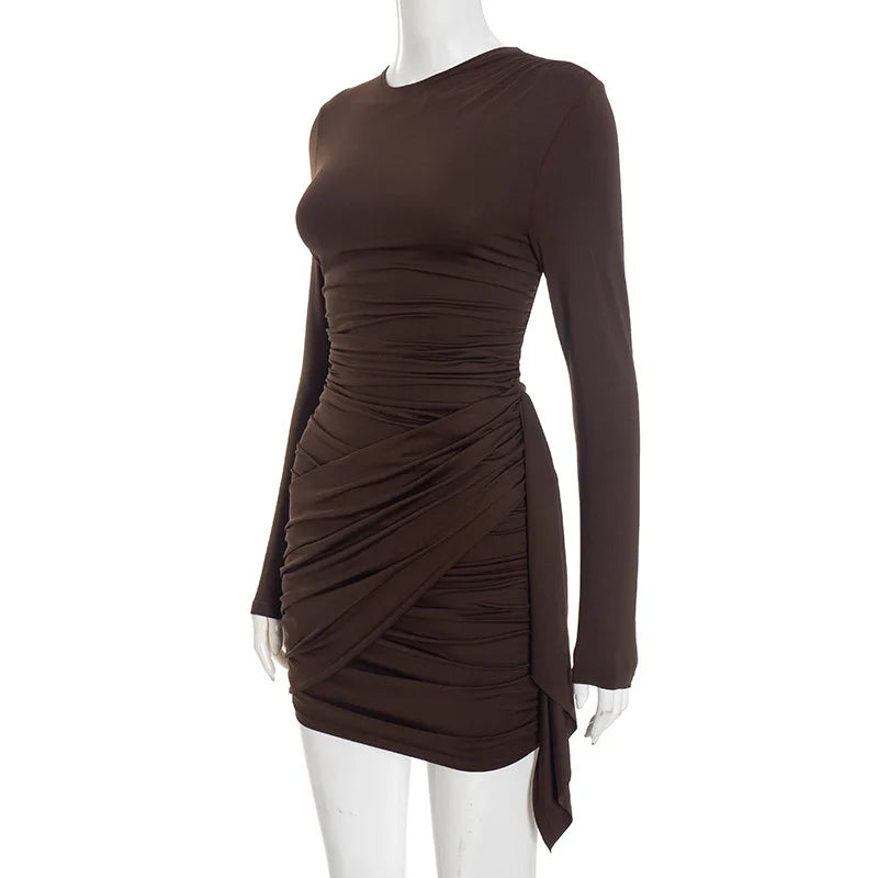 Crew Neck Solid Slim Sheath Dress Fashion Women Long Sleeve Short Wrap High Waisted Mini Dresses Lady 2026 Party Evening Gown