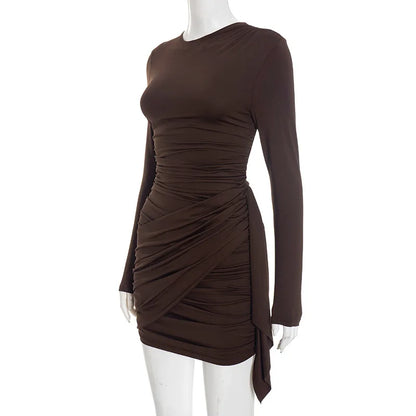 Crew Neck Solid Slim Sheath Dress Fashion Women Long Sleeve Short Wrap High Waisted Mini Dresses Lady 2026 Party Evening Gown