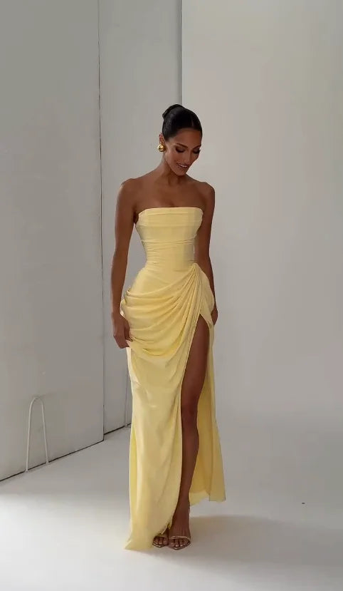 Yellow Strapless Pleated Women Split Maxi Dress Elegant Sleeveless Waist Cinching Slim Fit Dresses 2026 Lady Daily Party Gowns