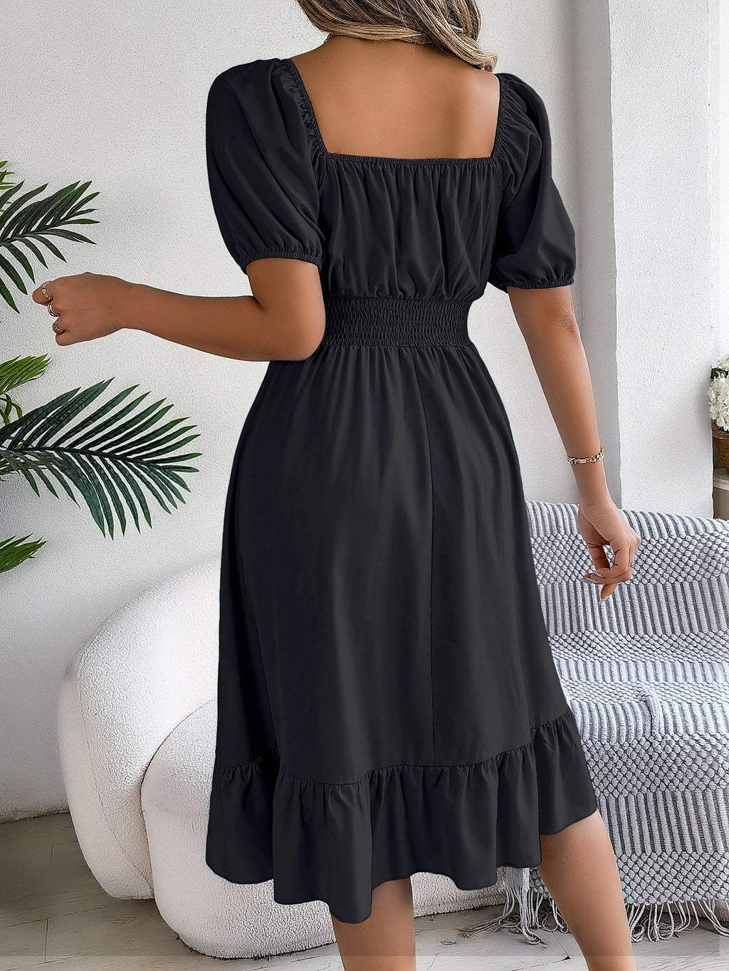 Spring Summer Elegant High Waisted Dress Square Neck Short Sleeved Ruffled Edge Long Dresses 2026 Valentine's Day Woman Clothing