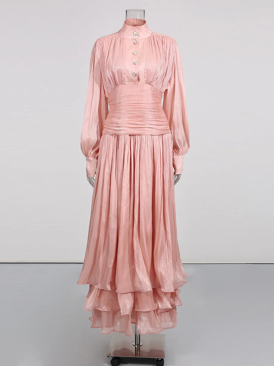 TWOTWINSTYLE Solid Spliced Ruffles Folds Elegant Dresses for Women Stand Neck Long Sleevs Tunic Temperament Dress Female Fashion