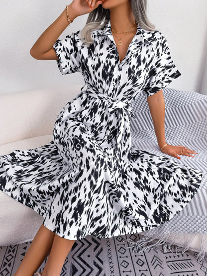 Ficusrong Women Summer Casual Loose Leopard Lace Up Shirt Dress For Ladies Fashion All Match Chic Dresses