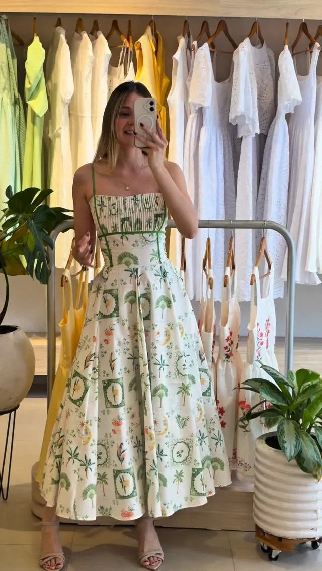 Women Chic Printed Gathered Large Swing Dress Sexy Sleeveless High Waist Slim Fit Sling Dresses 2026 New Lady Party Club Gowns