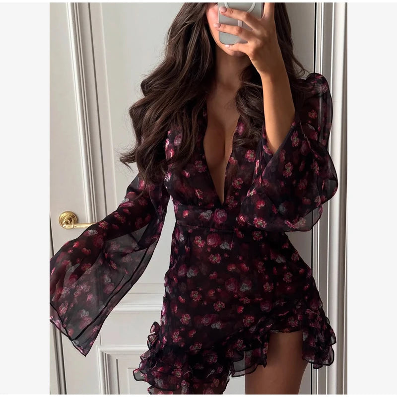 Chic Ruffle Print Slim Fit Dress Women Chic Flared sleeves V-neck Pleated Short Dresses 2026 Lady Summer Casual Daily Vestidos