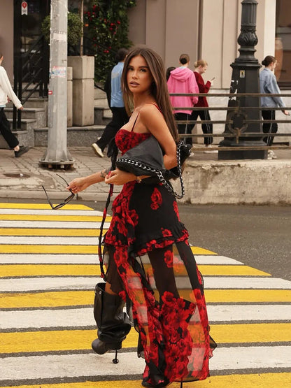 CNYISHE Camisoles Mesh Patchwork Prints Sheer Irregular hemline Trendy Chic Sheath Women Dresses Sexy Club Streetwear Female
