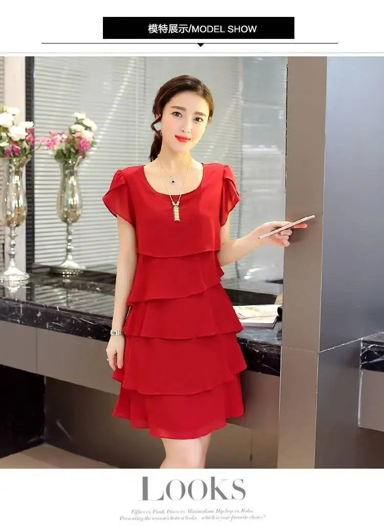 2026 Dress For Women Summer Wave Cut Ruffle Sweet Solid Short Sleeve Slim Dresses Lady Casual All-match Vestido O-Neck Chiffon
