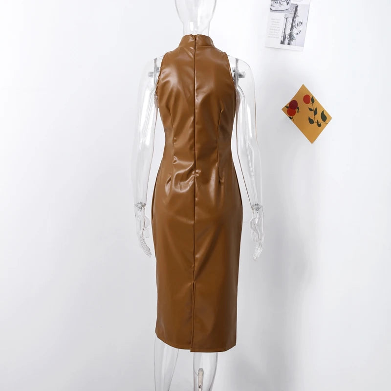Vintage Midi Leather Dress Women Slim Turtleneck Sleeveless Hip Package Female Dresses 2025 Autumn Lady Elegant Party Vestidos
