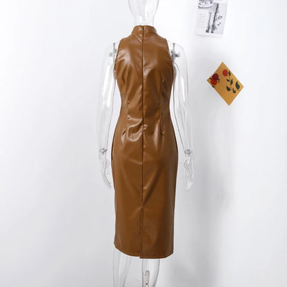 Vintage Midi Leather Dress Women Slim Turtleneck Sleeveless Hip Package Female Dresses 2025 Autumn Lady Elegant Party Vestidos