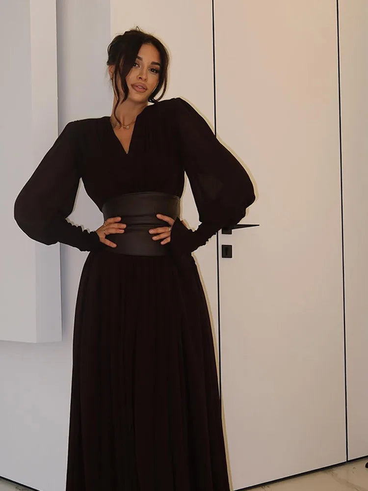 Vintage Nipped Waisted Long Sleeved A-line Dress Elegant V Neck Split Long Dresses 2024 Women Loose Vintage Party Long Dresses