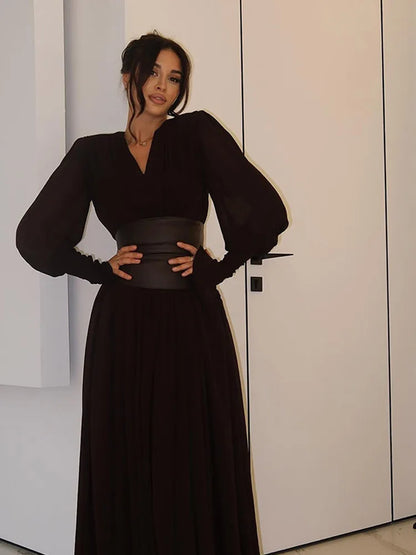 Vintage Nipped Waisted Long Sleeved A-line Dress Elegant V Neck Split Long Dresses 2024 Women Loose Vintage Party Long Dresses