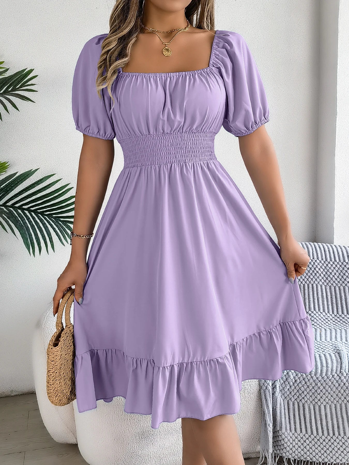 Spring Summer Elegant High Waisted Dress Square Neck Short Sleeved Ruffled Edge Long Dresses 2026 Valentine's Day Woman Clothing