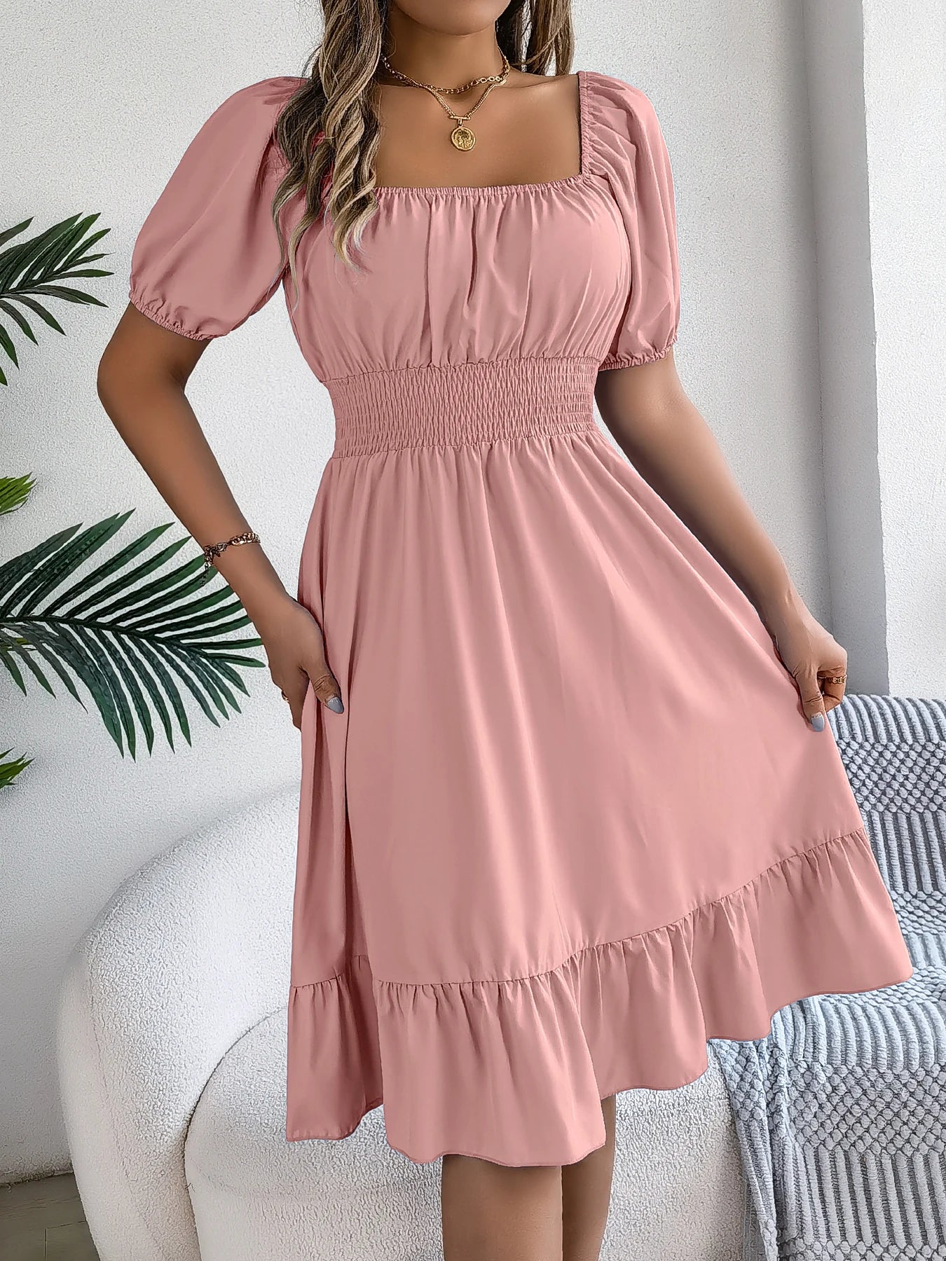 Spring Summer Elegant High Waisted Dress Square Neck Short Sleeved Ruffled Edge Long Dresses 2026 Valentine's Day Woman Clothing