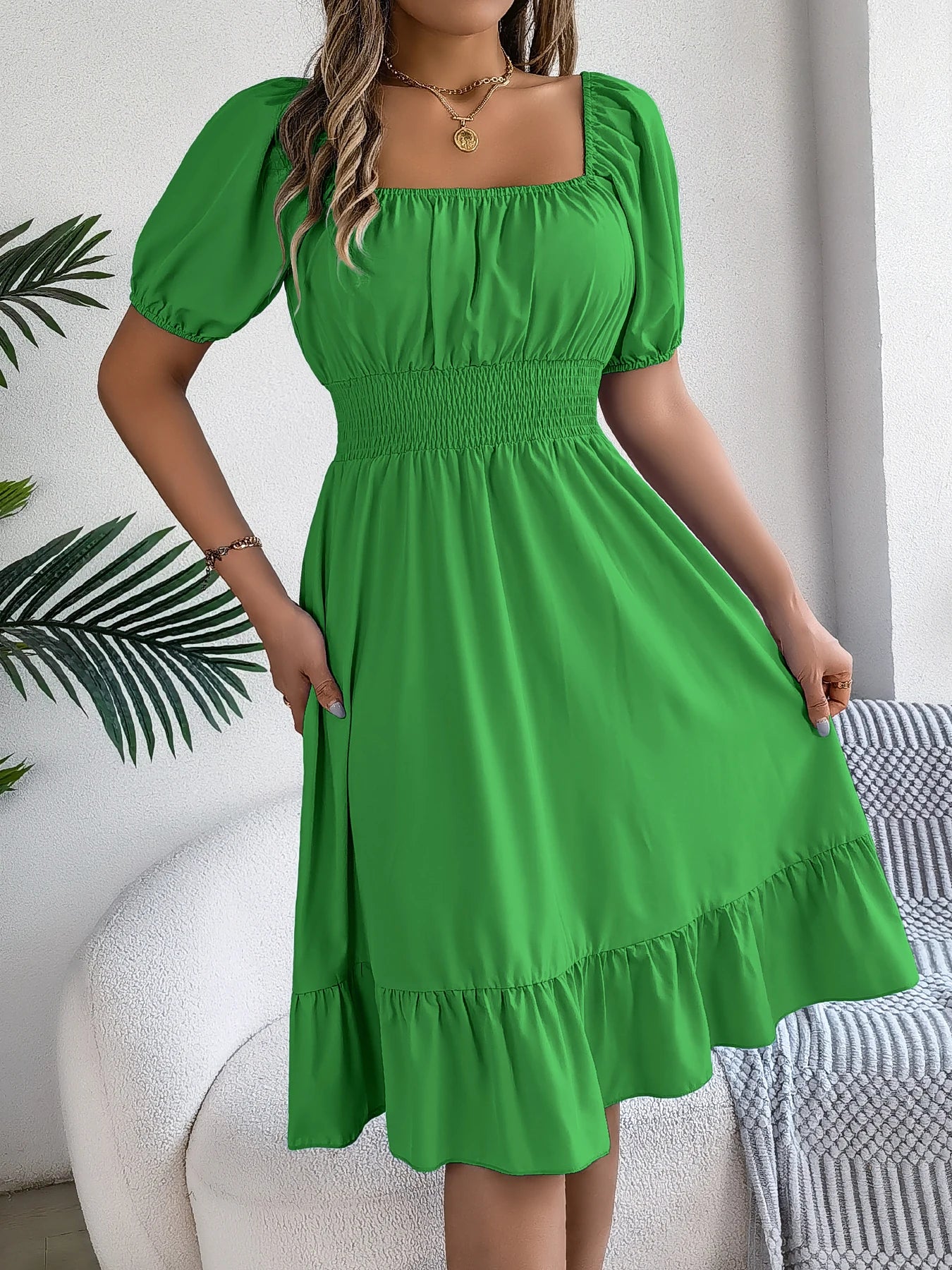 Spring Summer Elegant High Waisted Dress Square Neck Short Sleeved Ruffled Edge Long Dresses 2026 Valentine's Day Woman Clothing