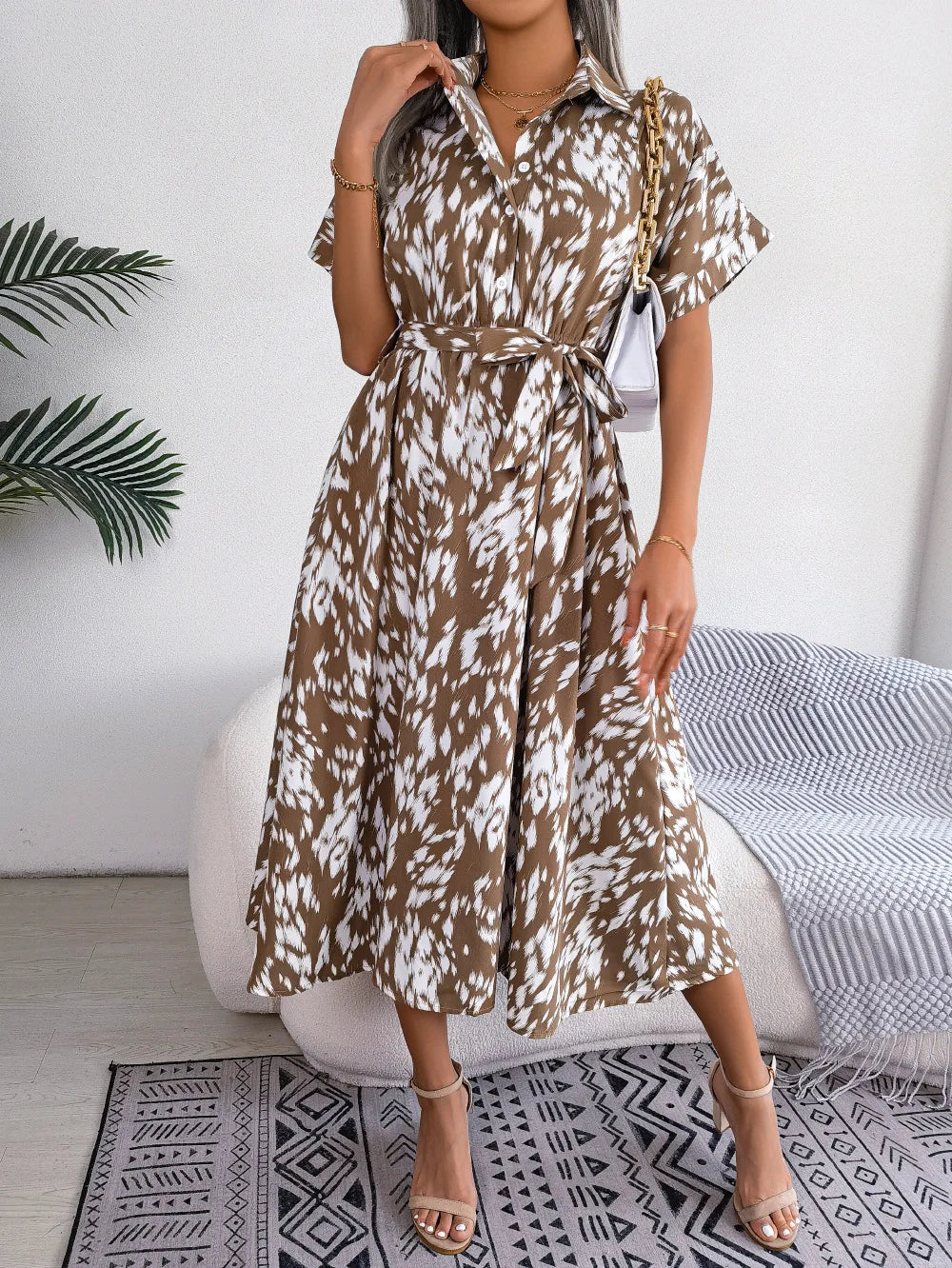 Ficusrong Women Summer Casual Loose Leopard Lace Up Shirt Dress For Ladies Fashion All Match Chic Dresses
