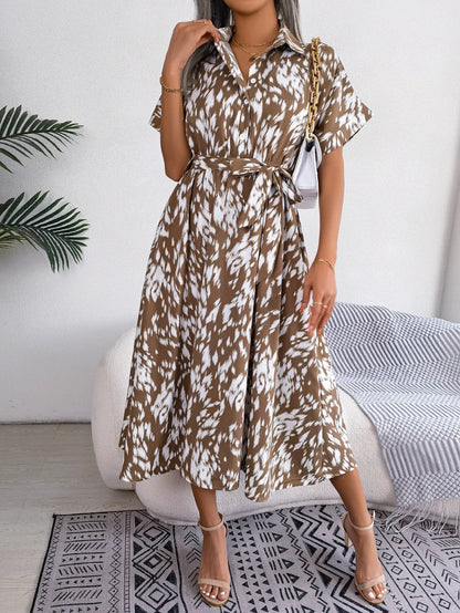 Ficusrong Women Summer Casual Loose Leopard Lace Up Shirt Dress For Ladies Fashion All Match Chic Dresses
