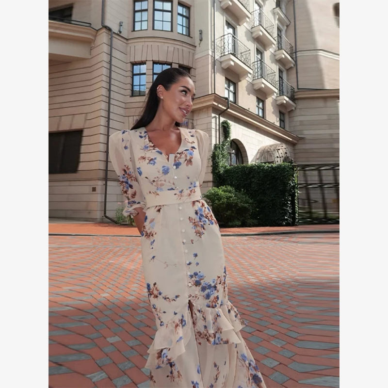 Women Chic Printed Gathered Large Swing Dress Sexy Sleeveless High Waist Slim Fit Sling Dresses 2026 New Lady Party Club Gowns