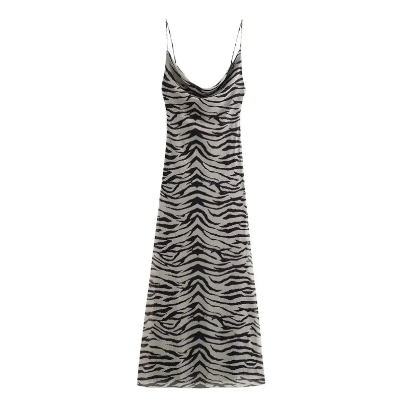 MUJER Leopard Print Tulle Slip Dress Woman Backless Summer Long Dresses For Women Vintage Sexy Party Dresses Midi Holiday Dress
