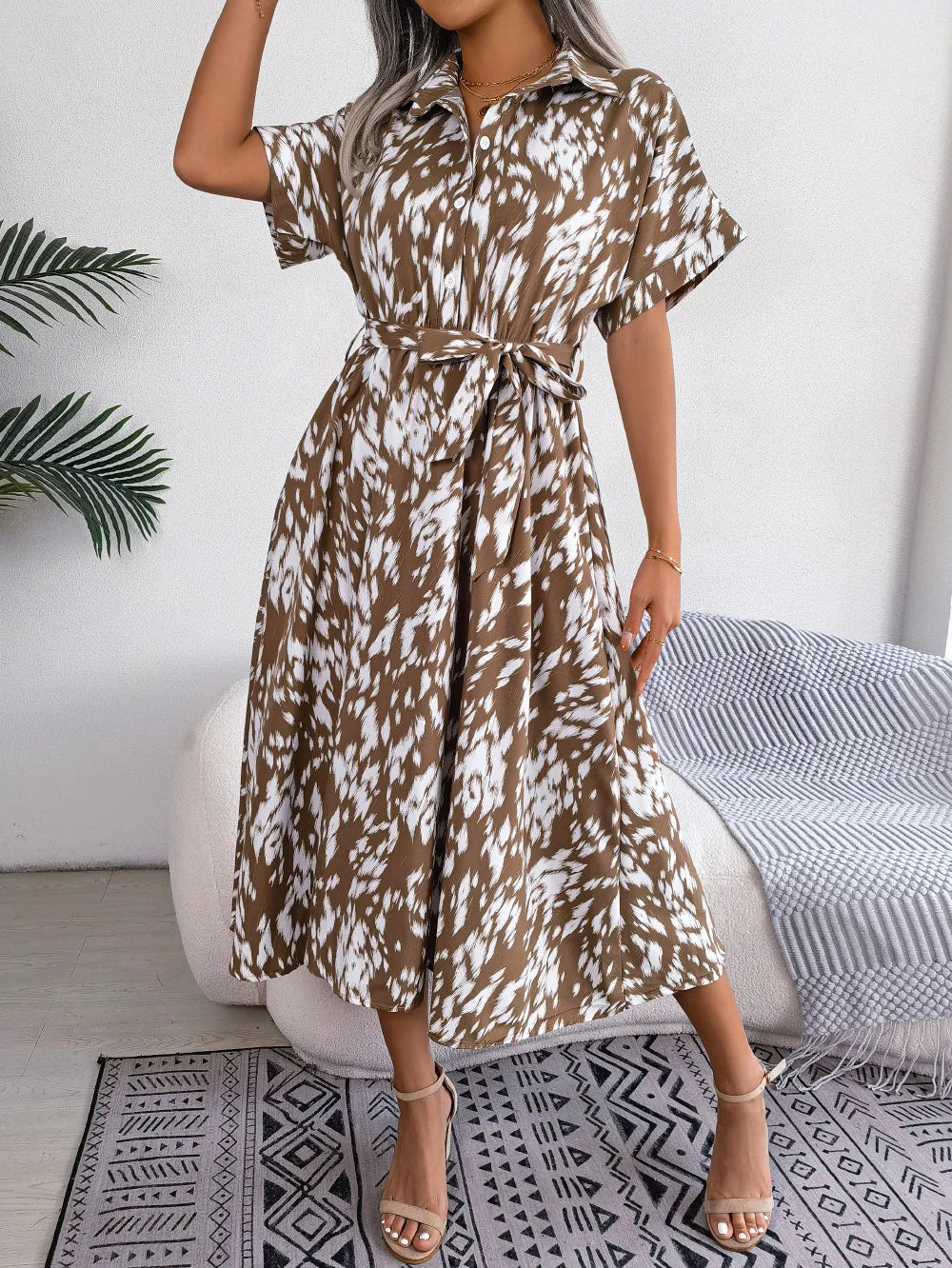 Ficusrong Women Summer Casual Loose Leopard Lace Up Shirt Dress For Ladies Fashion All Match Chic Dresses