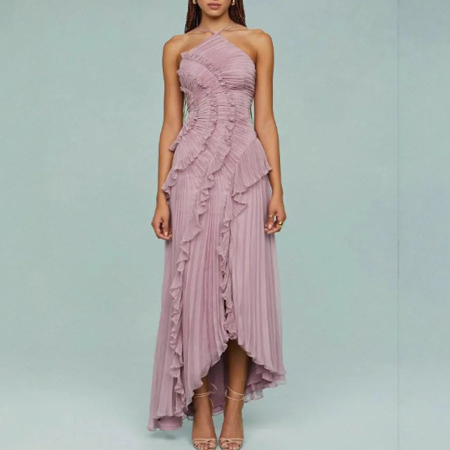Elegant Women Lotus Edge Maxi Dress Slim Fit Backless Lace Up Halter Dresses Sleeveless Party Vacation Gowns