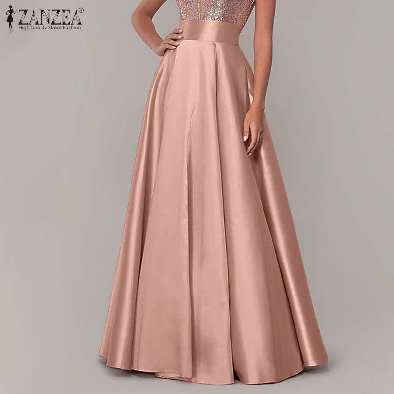 ZANZEA Women Satin Silk Black Maxi Long Skirts Elegant Luxury High Waisted A-Line Party Jupe Femme with Back Zipper Faldas Mujer
