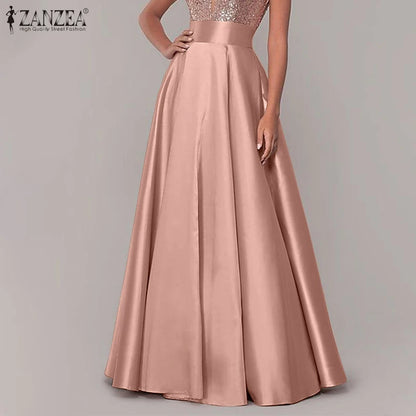 ZANZEA Women Satin Silk Black Maxi Long Skirts Elegant Luxury High Waisted A-Line Party Jupe Femme with Back Zipper Faldas Mujer