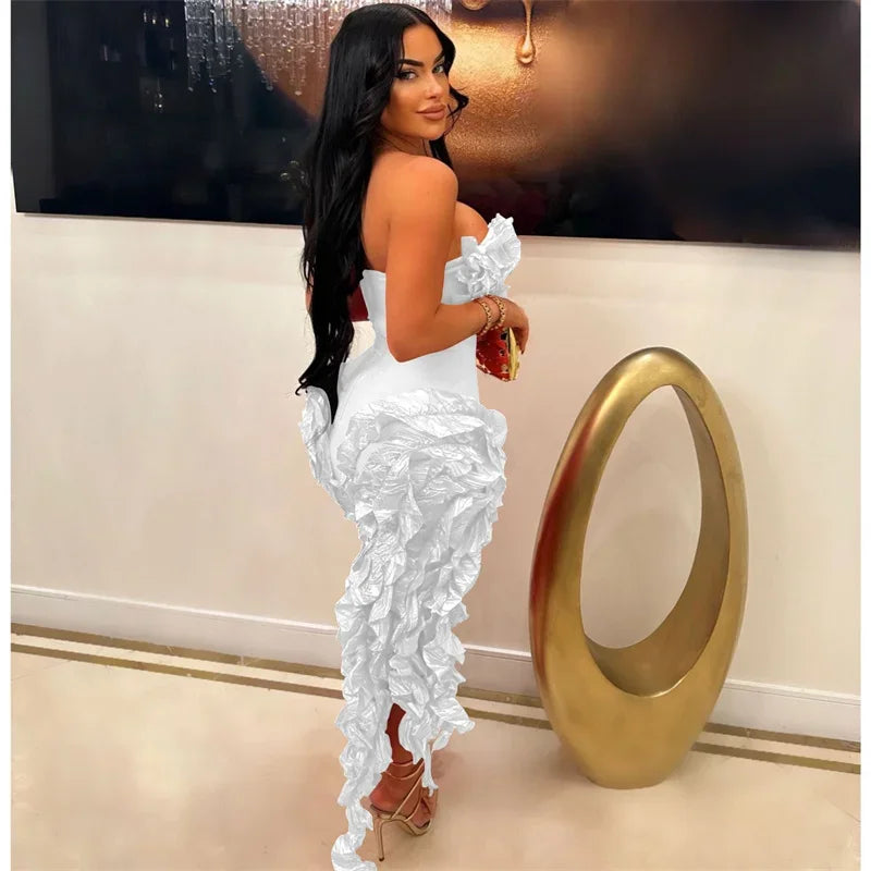 Elegant Ruffles Tassel Birthday Dress for Women 2024 Night Party Celebrity Irregular Strapless Sleeveless Evening Long Dresses