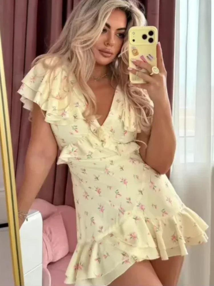 Floral Print V-neck Cinched Waist Dress Women Chic Layered Ruffle Hem Short Sleeved High-waist Dresses 2026 New Street Vestidos