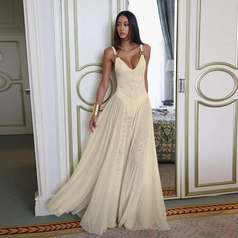 DGLUKE Transparent Mesh Maxi Dress With Bodysuit Plunging Backless Long Summer Dress Women Sexy Beach Party Dresses
