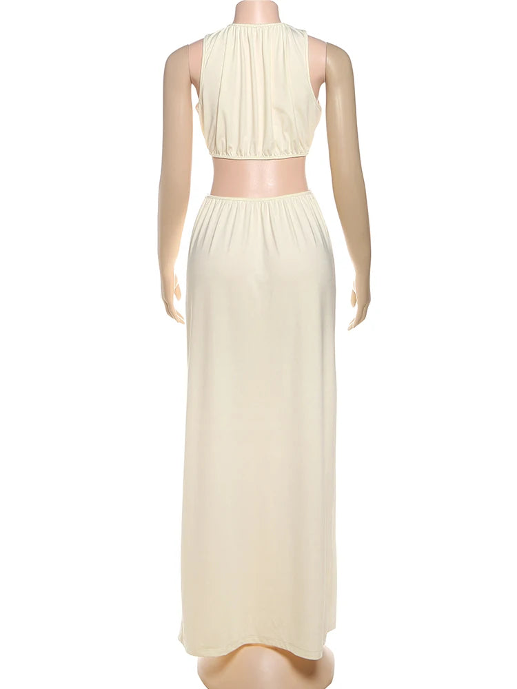 kliou Shirring Waistless Women Maxi Dresses Hipster Simple Sleeveless Splice O-neck Sheath Straight Robe Female Evening Frock