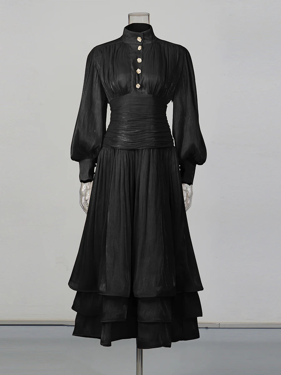TWOTWINSTYLE Solid Spliced Ruffles Folds Elegant Dresses for Women Stand Neck Long Sleevs Tunic Temperament Dress Female Fashion