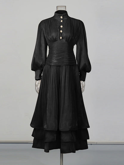 TWOTWINSTYLE Solid Spliced Ruffles Folds Elegant Dresses for Women Stand Neck Long Sleevs Tunic Temperament Dress Female Fashion