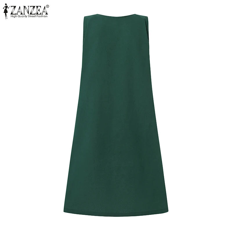 2024 Summer Dress ZANZEA Fashion Sleeveless Beach Vestidos Office Work Sundress Women Elegant Solid Color Dresses Robe Femme