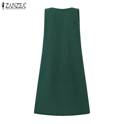 2024 Summer Dress ZANZEA Fashion Sleeveless Beach Vestidos Office Work Sundress Women Elegant Solid Color Dresses Robe Femme