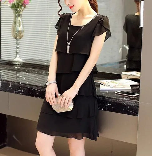 2026 Dress For Women Summer Wave Cut Ruffle Sweet Solid Short Sleeve Slim Dresses Lady Casual All-match Vestido O-Neck Chiffon