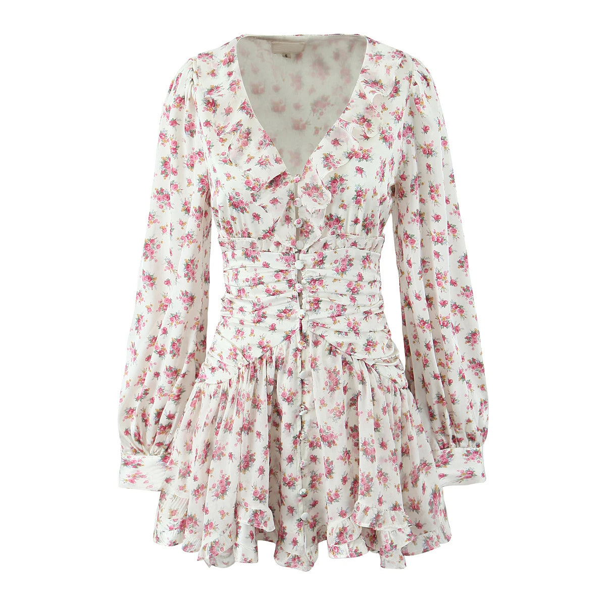 Boho Floral Print Ruffle Mini Dress Women Front Button Long Sleeve V Neck Spring Dresses 2025 Holiday Robe Short Vestidos