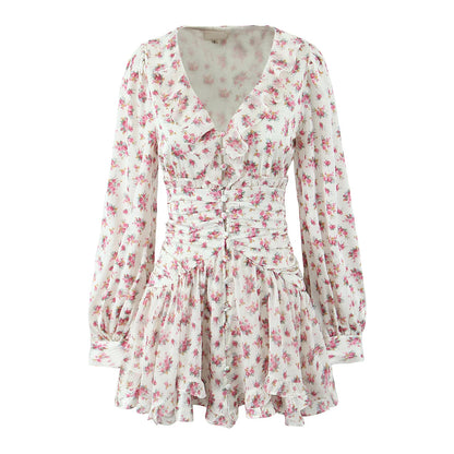 Boho Floral Print Ruffle Mini Dress Women Front Button Long Sleeve V Neck Spring Dresses 2025 Holiday Robe Short Vestidos