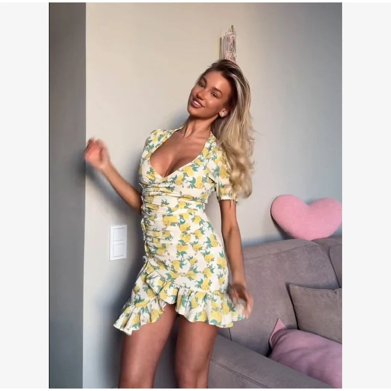 Floral Print V-neck Cinched Waist Dress Women Chic Layered Ruffle Hem Short Sleeved High-waist Dresses 2026 New Street Vestidos