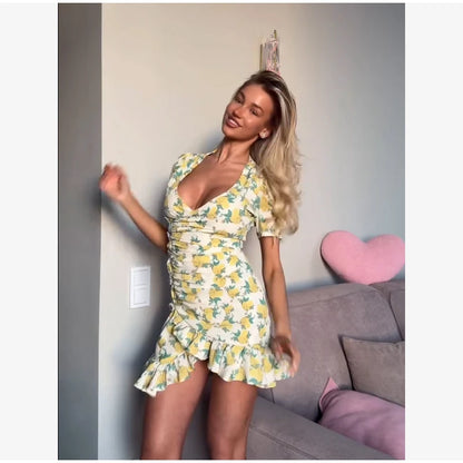Floral Print V-neck Cinched Waist Dress Women Chic Layered Ruffle Hem Short Sleeved High-waist Dresses 2026 New Street Vestidos